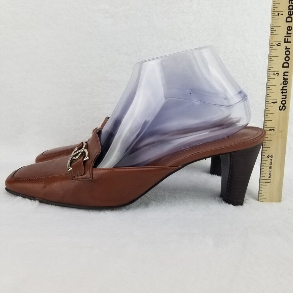 ✅Womens 7.5M Michelle D Brown Leather 3" Heeled Mules Slides D-Ring Strap Accent - Picture 11 of 13